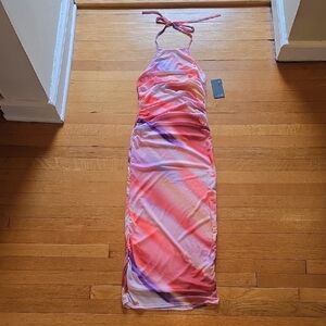 NWT, Caution to the Wind, Pink/Coral/Purple Mesh Rushed Bodycon Dress, Women's S